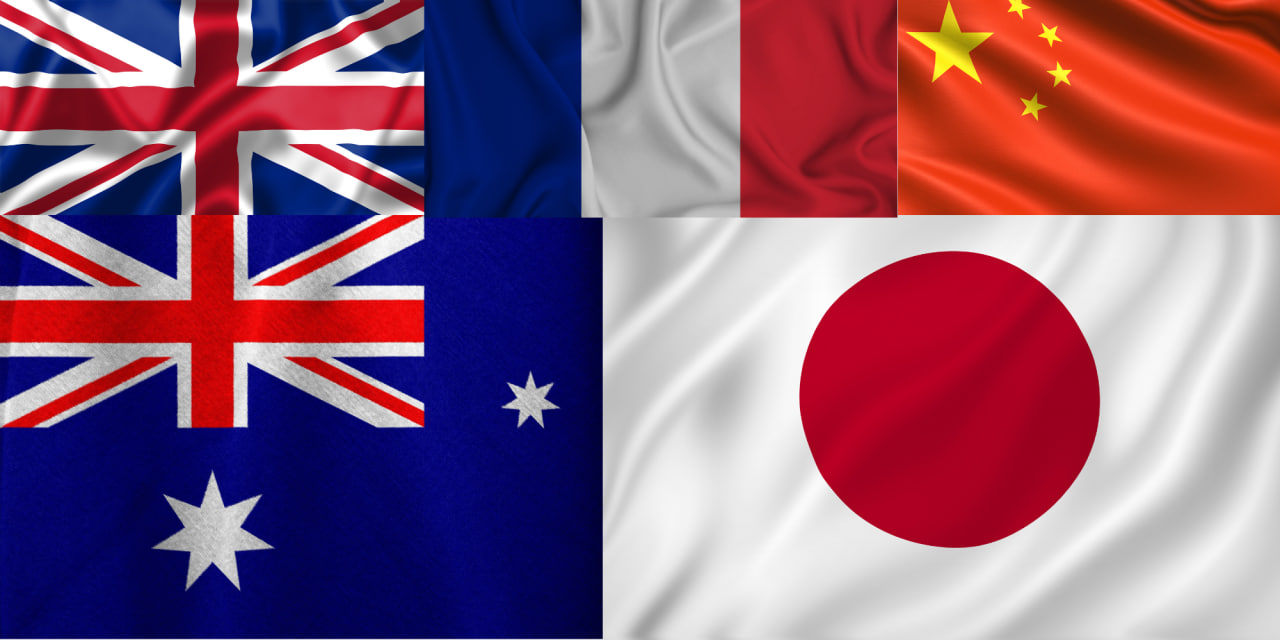 Collage of flags that contain united kingdom, china, japan and australia